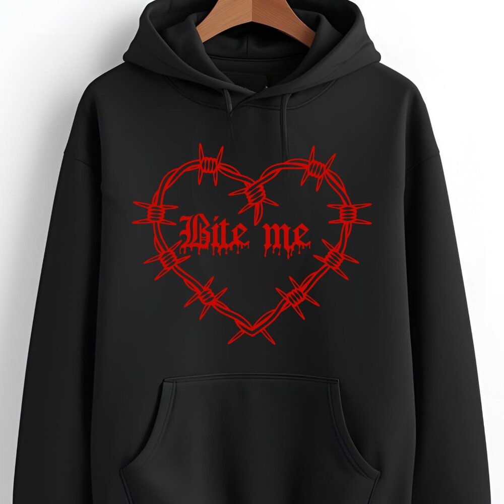 BITE ME Valentine Heart Barbed Wire Black Hoodie